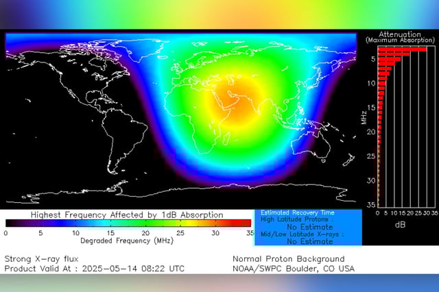 An SWPC map shows areas impacted by the solar flare.