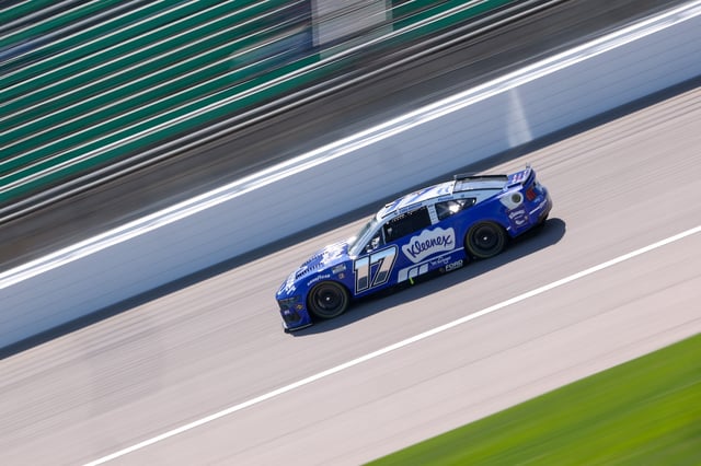 Chris Buescher, driver of the #17 Kroger/Kleenex Ford, drives drives during practice for the NASCAR Cup Series AdventHealth 400 at Kansas Speedway on May 10, 2025 in Kansas City, Kansas.
