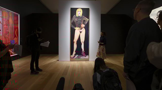 Visitor stop to look upon Marlene Dumas' 'Miss January' painting estimated at $12-18 million, on display during Christie's press preview for Spring 20/21 Marquee week, York, NY, May 2, 2025. [Editor's note: image contains representation of feminin nudity] (Photo by Anthony Behar/Sipa USA)(Sipa via AP Images)