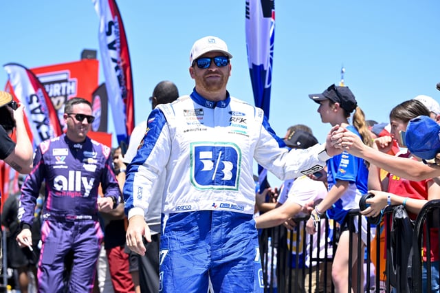 May 4, 2025; Fort Worth, Texas, USA; NASCAR Cup Series driver Chris Buescher (17) is introduced before the start of the Wurth 400 race at Texas Motor Speedway. Mandatory Credit: Jerome Miron-Imagn Images/File Photo