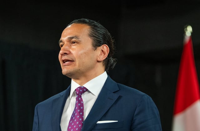 Manitoba Premier Wab Kinew speaks at a press conference before signing a Memorandum of Understanding with Ontario Premier Doug Ford  at Queen’s Park in Toronto on Wednesday, May 14, 2025. THE CANADIAN PRESS/Laura Proctor