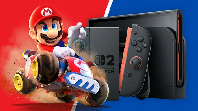 Nintendo Switch 2 UK Pre-Orders: Live Stock Tracker 2025. Pictured (L-R): Donkey Kong from Donkey Kong Bananza, the Switch 2 console, and Mario from Mario Kart World.