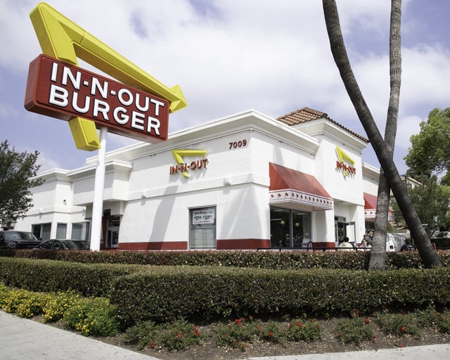 Exterior of an In-N-Out Burger restaurant on Sunset Boulevard in Los Angeles, California, May 2, 2022