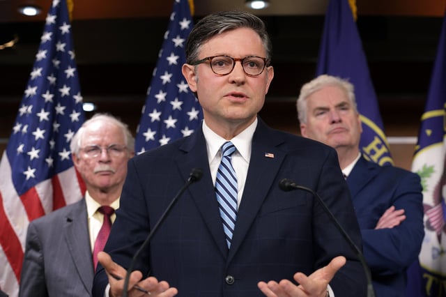 House Speaker Mike Johnson speaks during a press conference in Washington, D.C. on May 14, 2025.