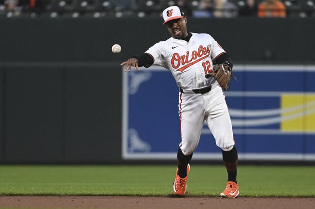 Apr 2, 2024; Baltimore, Maryland, USA;  Baltimore Orioles second baseman Tony Kemp (12) throws to first base during the second inning Kansas City Royals at Oriole Park at Camden Yards. Mandatory Credit: Tommy Gilligan-USA TODAY Sports/File Photo