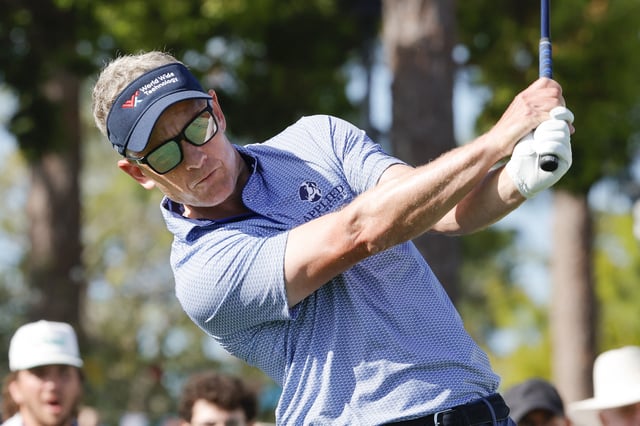 Mar 20, 2025; Palm Harbor, Florida, USA;  Luke Donald plays his shot from the first tee during the first round of the Valspar Championship golf tournament at Innisbrook Resort. Mandatory Credit: Reinhold Matay-Imagn Images/File Photo
