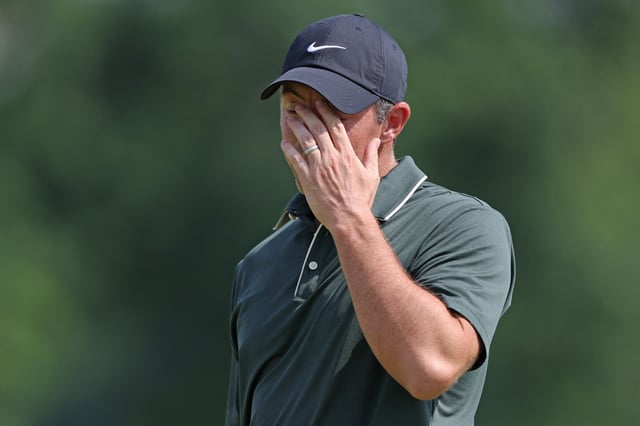 CHARLOTTE, NORTH CAROLINA - MAY 15: Rory McIlroy of Northern Ireland reacts after his shot on the 16th hole during the first round of the PGA Championship at Quail Hollow Country Club on May 15, 2025 in Charlotte, North Carolina. (Photo by Andrew Redington/Getty Images)
