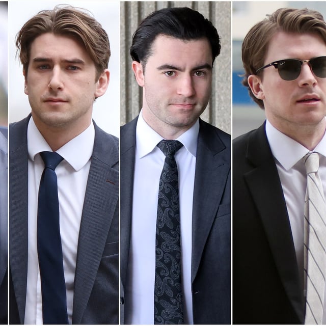 Former members of Canada's 2018 World Juniors hockey team, left to right, Alex Formenton, Cal Foote, Michael McLeod, Dillon Dube and Carter Hart as they individually arrived to court in London, Ont., Wednesday, April 30, 2025.