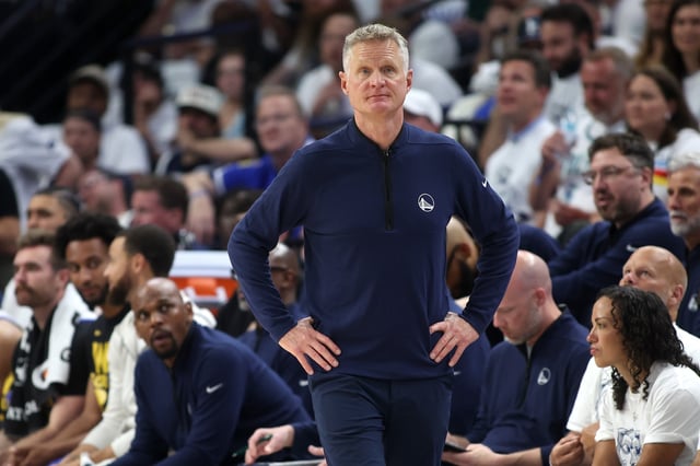 Head Coach Steve Kerr of the Golden State Warriors looks on against the Minnesota Timberwolves during the second quarter in Game Five of the Western Conference Second Round NBA Playoffs at Target Center on May 14, 2025 in Minneapolis, Minnesota.