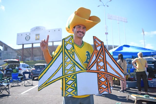 Oakland A’s fan Antonio Sanchez-Heredia, of Oakland, shows off his team spirit before the start of their MLB game against the San Francisco Giants at the Coliseum in Oakland, Calif., on Sunday, Aug. 18, 2024. (Jose Carlos Fajardo/Bay Area News Group)