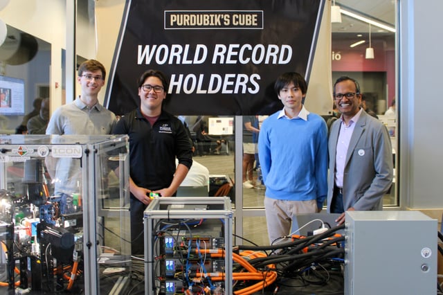 The team behind Purdubik’s Cube— a high-speed robotic system that can solve a scrambled Rubik’s Cube in  0.103 seconds, including Junpei Ota, Aiden Hurd, Matthew Patrohay and Brock Berta.
