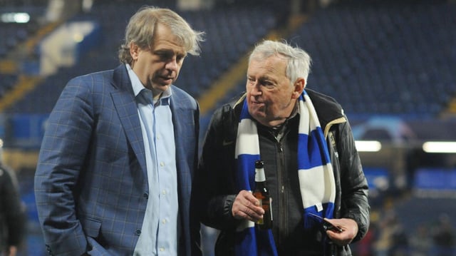 Hansjorg Wyss, right, with Todd Boehly, the Chelsea chairman, after a 2023 Champions League game at Stamford Bridge