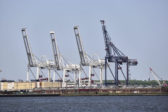 Container cranes sit idle at the port of the port of New York & New Jersey in Bayonne, N.J., Monday, May 12, 2025. (AP Photo/Matt Rourke)