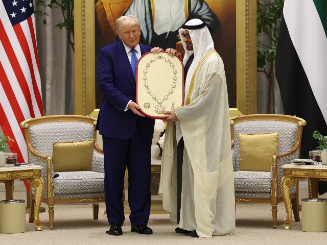 U.S. President Donald J. Trump receives the Order of Zayed, the country's highest civilian award during a bilateral meeting with UAE President Sheikh Mohamed bin Zayed Al Nahyan at Qasr al Watan (Palace of the Nation) on May 15, 2025, in Abu Dhabi, United Arab Emirates. Trump is on the third day of his visit to the Gulf to underscore the strategic partnership between the United States and regional allies including the UAE, focusing on security and economic collaboration. (Win McNamee/Getty)