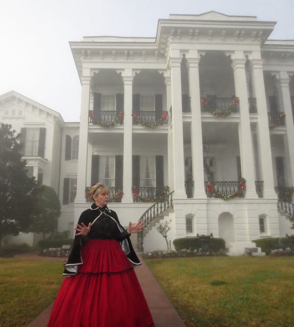 On a foggy morning in Louisiana in January 2019, a guide discusses the history of the Nottoway Plantation, one of the the largest remaining antebellum mansions in the South.