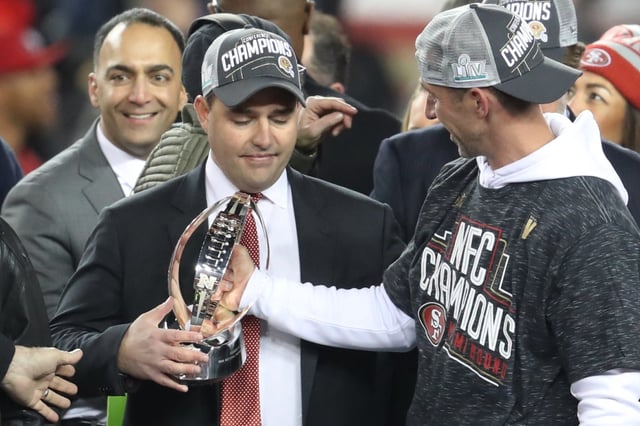 SANTA CLARA, CA –  JANUARY 19: San Francisco 49ers owner Jed York and San Francisco 49ers head coach Kyle Shanahan celebrate during their NFC Championship trophy presentation after defeating the Green Bay Packers  37-20 at Levi’s Stadium in Santa Clara, Calif., on Sunday, Jan. 19, 2020. (Ray Chavez/Bay Area News Group)