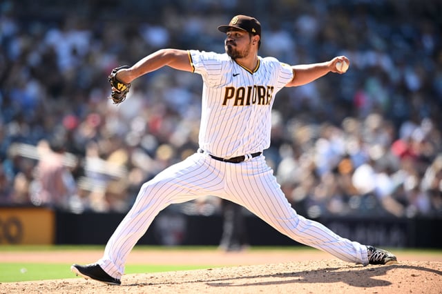 Aug 24, 2022; San Diego, California, USA; San Diego Padres relief pitcher Jose Castillo (65) throws a pitch against the Cleveland Guardians during the seventh inning at Petco Park. Mandatory Credit: Orlando Ramirez-USA TODAY Sports/File Photo