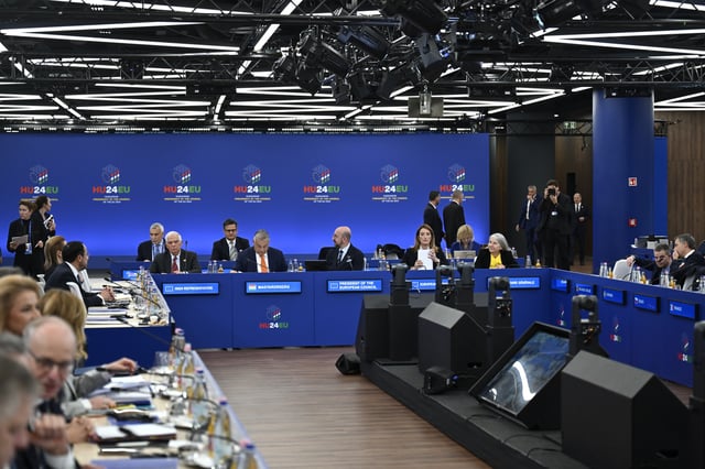 FILE - A general view of the plenary session during an EU Summit at the Puskas Arena in Budapest, Friday, Nov. 8, 2024. (AP Photo/Denes Erdos, File)