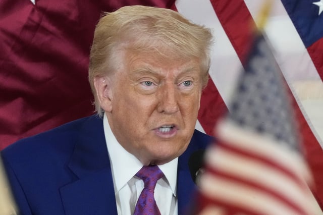 President Donald Trump speaks during a business roundtable, attended by Sheikh Saoud bin Abdulrahman bin Hassan bin Ali Al Thani,Thursday, May 15, 2025, in Doha, Qatar