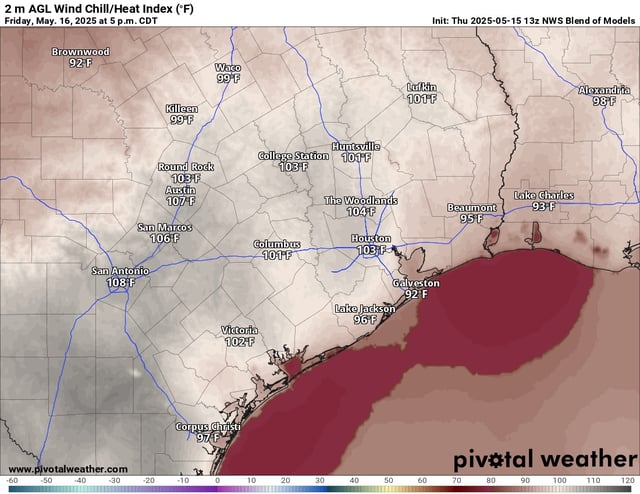 Heat index values for Friday afternoon are expected to surpass 100 degrees in the Houston metro area, according to the National Blend of Models.