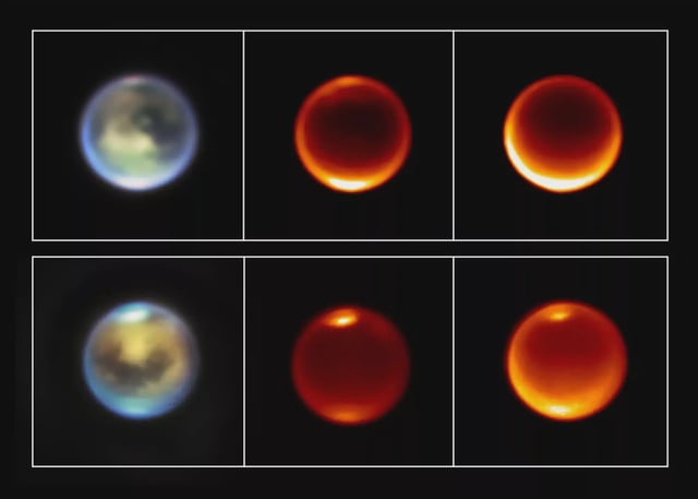 These images of Titan were taken by NASA’s James Webb Space Telescope on July 11, 2023 (top row) and the ground-based W.M. Keck Observatories on July 14, 2023 (bottom row). They show methane clouds appearing at different altitudes in Titan’s northern hemisphere. Full image and description below. Credits: NASA, ESA, CSA, STScI, and W.M. Keck Observatories