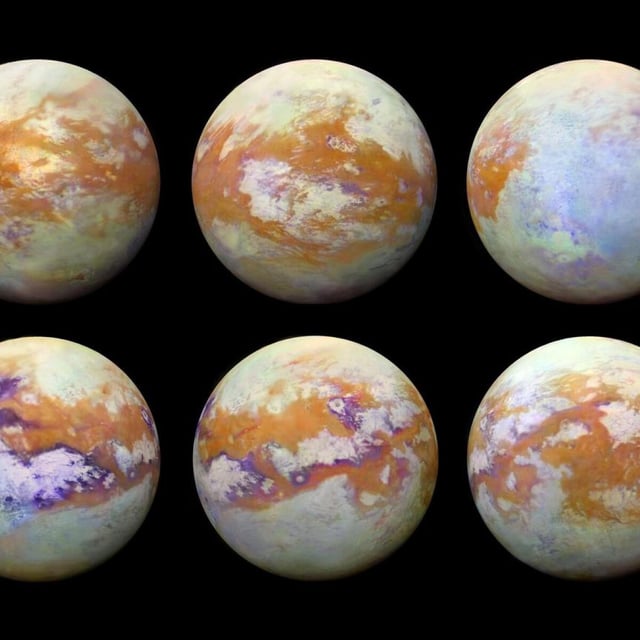 These infrared images of Saturn's largest moon, Titan, were created with 13 years of data acquired by the Visual and Infrared Mapping Spectrometer instrument on NASA's Cassini spacecraft. 