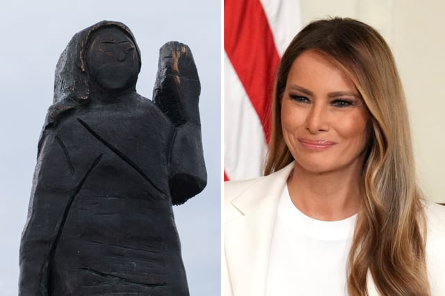 RONO, SLOVENIA - SEPTEMBER 17: Newly erected life-sized bronze statue of Melania Trump stands in Rono, a village neighbouring her hometown Sevnica on September 17, 2020 in Rono, Slovenia. A new statue of Melania Trump was recently unveiled in Slovenia to replace the original, which was burnt down last July, and currently on exhibit. The monument recalls the origins of the American First Lady. (Photo by Matic Zorman/Getty Images)

First lady Melania Trump attends an event unveiling a U.S. Postal Service Stamp honoring former first lady Barbara Bush, Thursday, May 8, 2025, in the East Room of the White House in Washington. (AP Photo/Jacquelyn Martin)