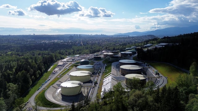 A drone view of the Trans Mountain Burnaby Terminal tank farm as the Canadian government-owned Trans Mountain pipeline expansion project became operational in Burnaby, British Columbia, Canada May 1, 2024.   REUTERS/Jennifer Gauthier/File photo