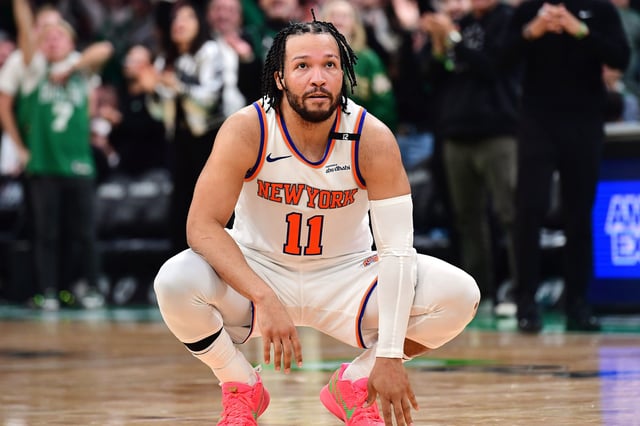 Knicks guard Jalen Brunson fouls out of Game 5 of the second-round NBA playoff series against the Celtics at TD Garden.