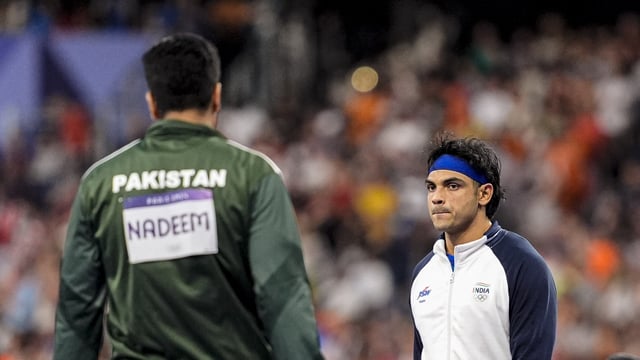 India's Neeraj Chopra and Pakistan's Arshad Nadeem during the men's javelin throw final at the 2024 Summer Olympics, in Paris.