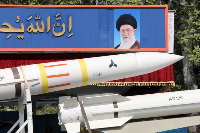 An Iranian military truck carries parts of a Sayad 4-B missile past a portrait of supreme leader Ayatollah Ali Khamenei during a military parade as part of a ceremony marking the country&#39;s annual army day in Tehran on April 17, 2024.