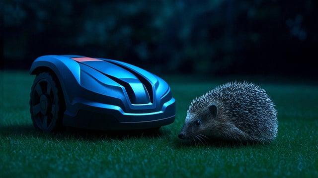 Mähroboter und Igel auf einem Rasen
