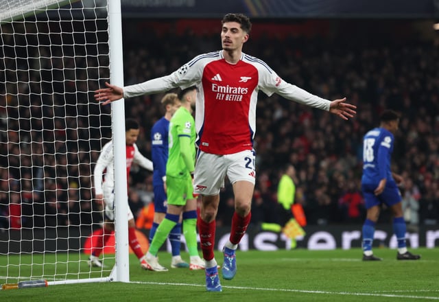 Soccer Football - Champions League - Arsenal v GNK Dinamo Zagreb - Emirates Stadium, London, Britain - January 22, 2025 Arsenal's Kai Havertz celebrates scoring their second goal Action Images via Reuters/Paul Childs/File Photo