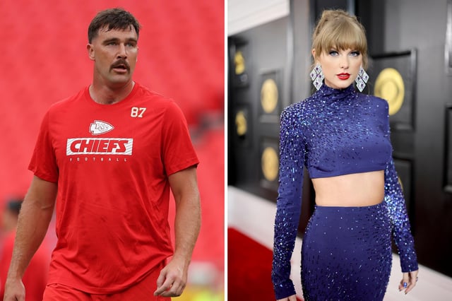 (L) Travis Kelce, #87 of the Kansas City Chiefs, walks on the field in pregame warmups prior to a preseason game against the Chicago Bears at GEHA Field at Arrowhead Stadium on August 22, 2024 in Kansas City, Missouri. (R) Taylor Swift attends the 65th Grammy Awards on February 5, 2023 in Los Angeles, California.