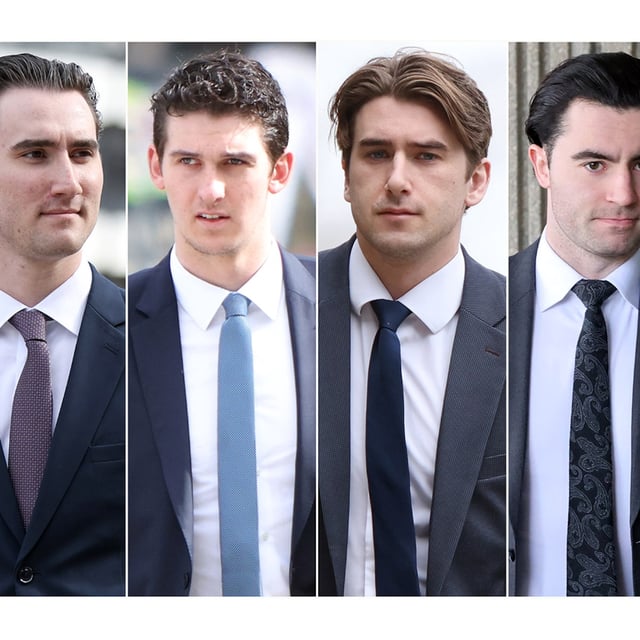A composite image of five photographs show former members of Canada's 2018 World Juniors hockey team, left to right, Alex Formenton, Cal Foote, Michael McLeod, Dillon Dube and Carter Hart as they individually arrived to court in London, Ont., Wednesday, April 30, 2025. THE CANADIAN PRESS/Nicole Osborne