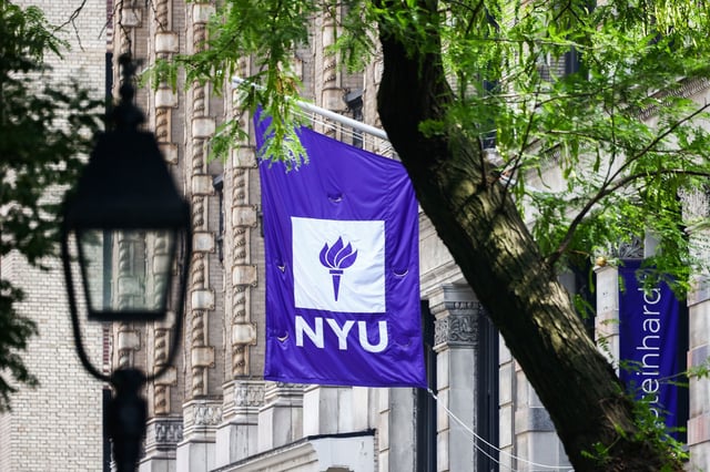 New York University logo is seen in New York's Greenwich Village on July 5th, 2024.
