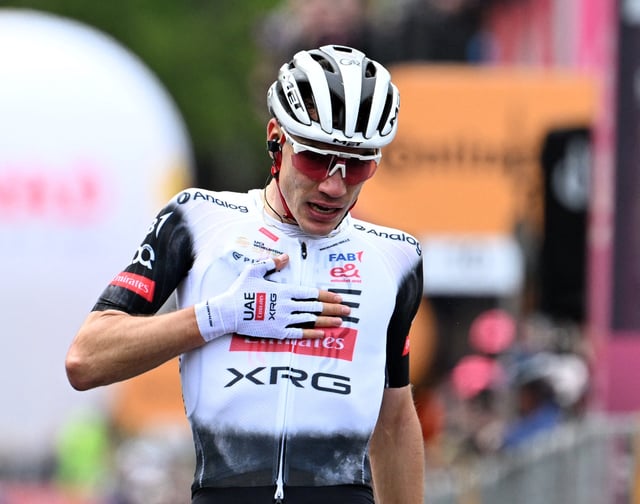 Cycling - Giro d'Italia - Stage 7 - Castel di Sangro to Tagliacozzo - Italy - May 16, 2025 UAE Team Emirates's Juan Ayuso reacts after winning stage 7 REUTERS/Jennifer Lorenzini
