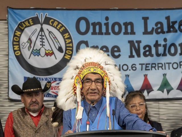 Onion Lake Cree Nation Okimaw (Chief) Henry Lewis makes an official statement on the Nation's litigation with the province of Alberta regarding the Alberta Sovereignty Act on Thursday, May 15, 2025 in Edmonton.