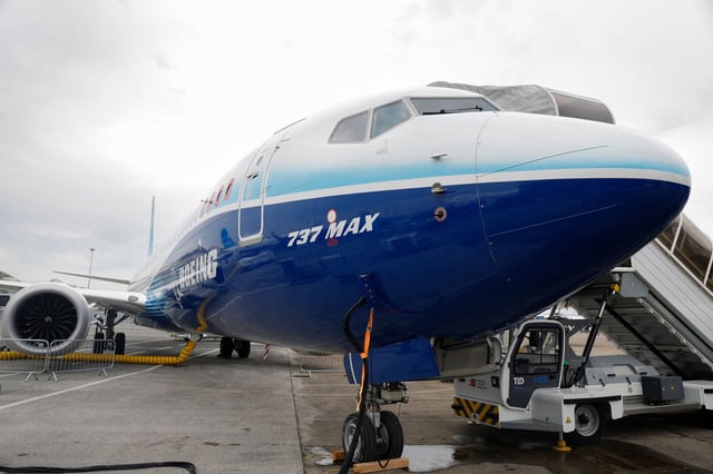 A Boeing 737 Max is displayed during the International Paris Air Show at the ParisLe Bourget Airport, on June 20, 2023.