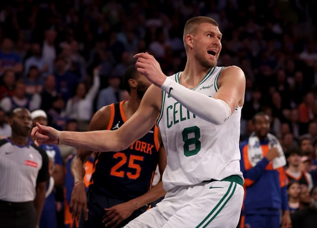 NEW YORK, NEW YORK - MAY 12:  Kristaps Porzingis #8 of the Boston Celtics reacts after a missed shot in the fourth quarter against the New York Knicks in Game Four of the Eastern Conference Second Round NBA Playoffs at Madison Square Garden on May 12, 2025 in New York City. NOTE TO USER: User expressly acknowledges and agrees that, by downloading and or using this photograph, User is consenting to the terms and conditions of the Getty Images License Agreement. (Photo by Elsa/Getty Images). (Photo by Elsa/Getty Images)