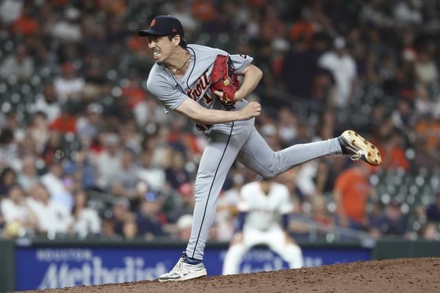 Apr 29, 2025; Houston, Texas, USA; Detroit Tigers relief pitcher Kenta Maeda (18) delivers a pitch during the eighth inning against the Houston Astros at Daikin Park. Mandatory Credit: Troy Taormina-Imagn Images/File Photo