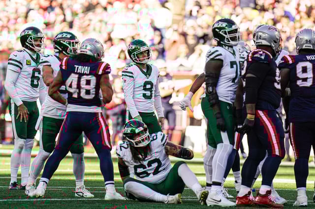 Oct 27, 2024; Foxborough, Massachusetts, USA; New York Jets place kicker Greg Zuerlein (9) reacts after missing the kick against the New England Patriots in the second half at Gillette Stadium. Mandatory Credit: David Butler II-Imagn Images/File Photo