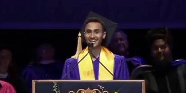 Logan Rozos, a New York University student commencement speaker, denounces "atrocities currently happening in Palestine" during his talk, May 14, 2025. NYU revoked his diploma over the speech. (Screenshot via X)