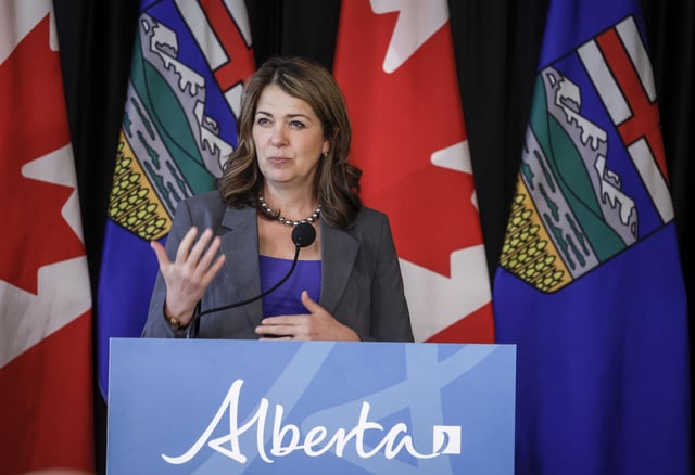 Premier Danielle Smith  speaks in Calgary on Friday, May 16, 2025. 