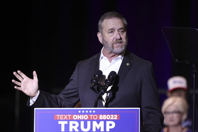 FILE - Ohio attorney general Dave Yost speaks during a rally for Republican vice presidential candidate Sen. JD Vance, R-Ohio, in Middletown, Ohio, Monday, July 22, 2024. (AP Photo/Paul Vernon, File)