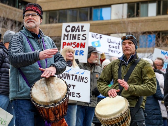  About 150 people outside the Alberta Energy Regulator’s office in downtown Calgary office on January 14, 2025, protested against the proposed Grassy Mountain coal mine.