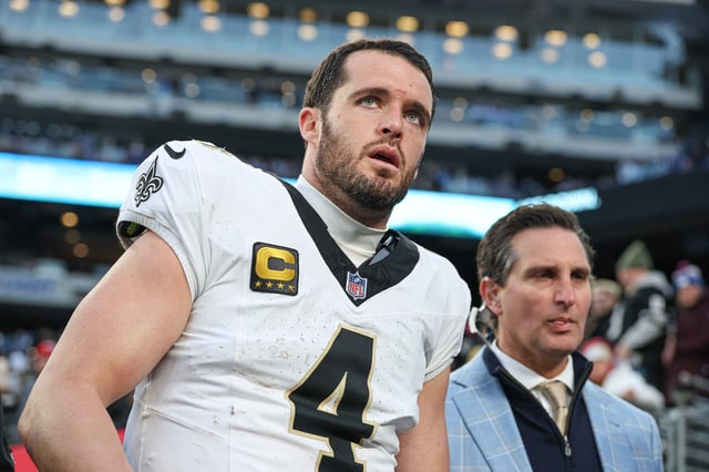 Dec 8, 2024; East Rutherford, New Jersey, USA; New Orleans Saints quarterback Derek Carr (4) walks off the field after field after an injury during the fourth quarter at MetLife Stadium. Mandatory Credit: Vincent Carchietta-Imagn Images/File Photo
