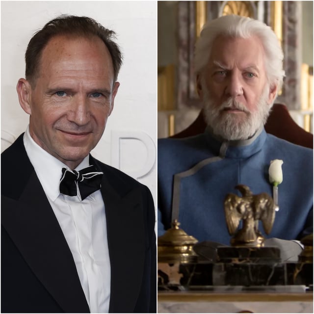 Ralph Fiennes at the 97th Oscars at the Dolby Theatre in Los Angeles on Sunday, March 2, 2025 / Donald Sutherland as President Snow in "The Hunger Games: Mockingjay – Part 1."