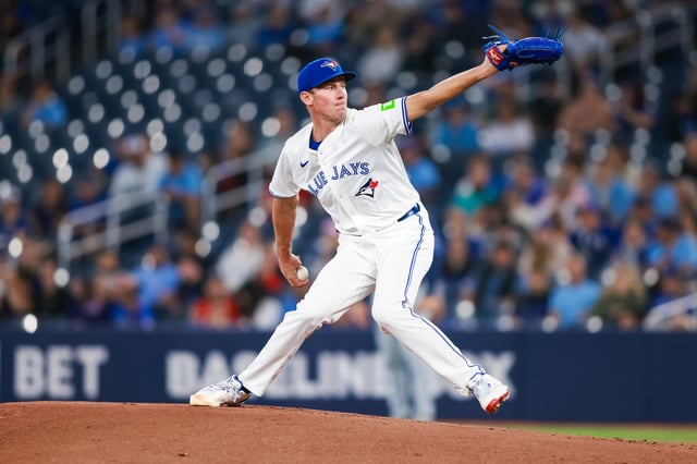 TORONTO, CANADA - MAY 14: Chris Bassitt #40 of the Toronto Blue Jays pitches during first inning of their MLB game against the Tampa Bay Rays at Rogers Centre on May 14, 2025 in Toronto, Ontario, Canada.