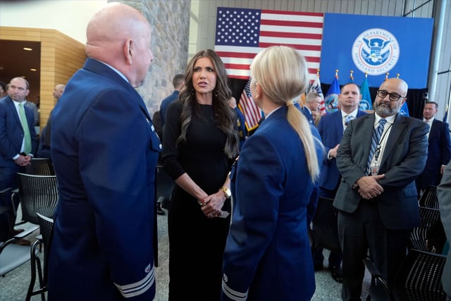 U.S. Homeland Security Secretary Kristi Noem speaks with employees at the Department of Homeland Security headquarters on January 28, 2025, in Washington, D.C.